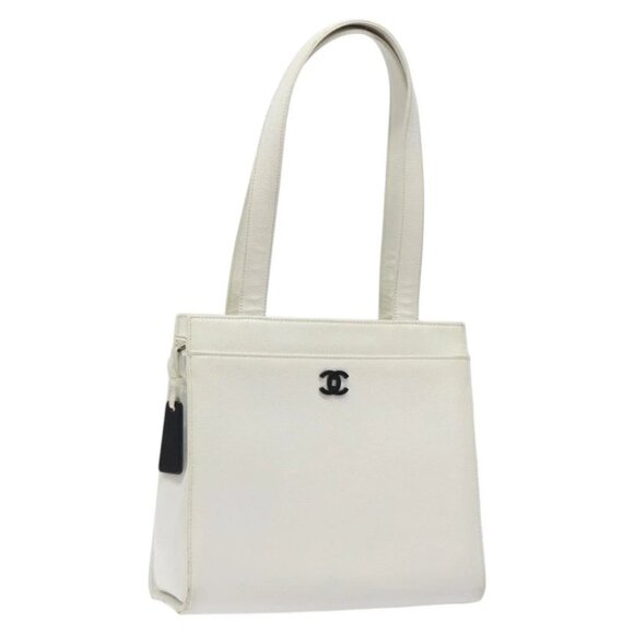 CHANEL Shoulder Bag Grained Calf Skin White CC - Picture 1 of 15